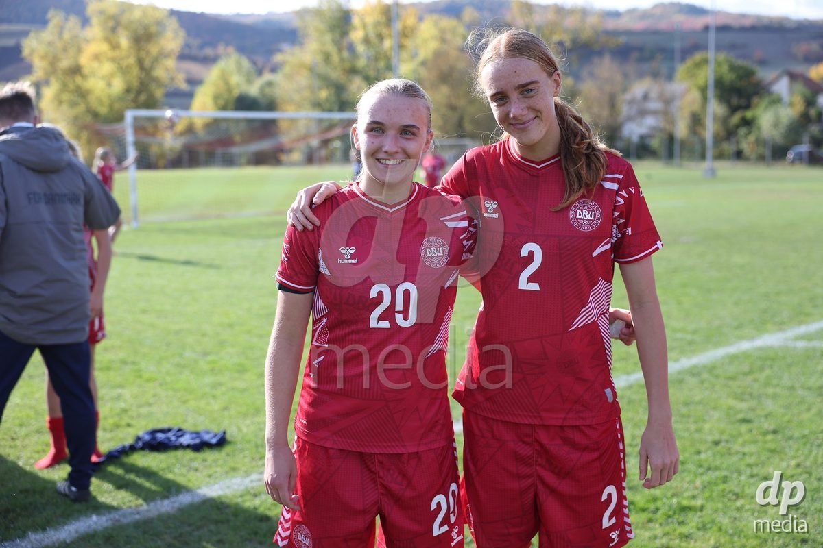 KAKANJ, BOSNIA AND HERZEGOVINA - OCTOBER 13: Nikoline Nielsen of Denmark and Andrea Jeppesen of Denmark pose for a photo after the UEFA Womens European Under-19 Qualifier match between Denmark and Switzerland at Mladost Stadium on October 13, 2026 in Kakanj, Bosnia and Herzegovina. Photo: Armin Durgut/Pixsell/DP Media