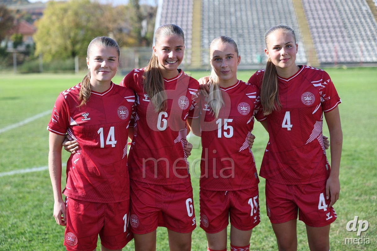 KAKANJ, BOSNIA AND HERZEGOVINA - OCTOBER 13: Nicoline Jorgensen Klintskov of Denmark, Josephine Behrmann Lamp of Denmark, Frederikke Ludvigsen of Denmark and Sarah Lindorff Vinther of Denmark pose for a photo after the UEFA Womens European Under-19 Qualifier match between Denmark and Switzerland at Mladost Stadium on October 13, 2026 in Kakanj, Bosnia and Herzegovina. Photo: Armin Durgut/Pixsell/DP Media
