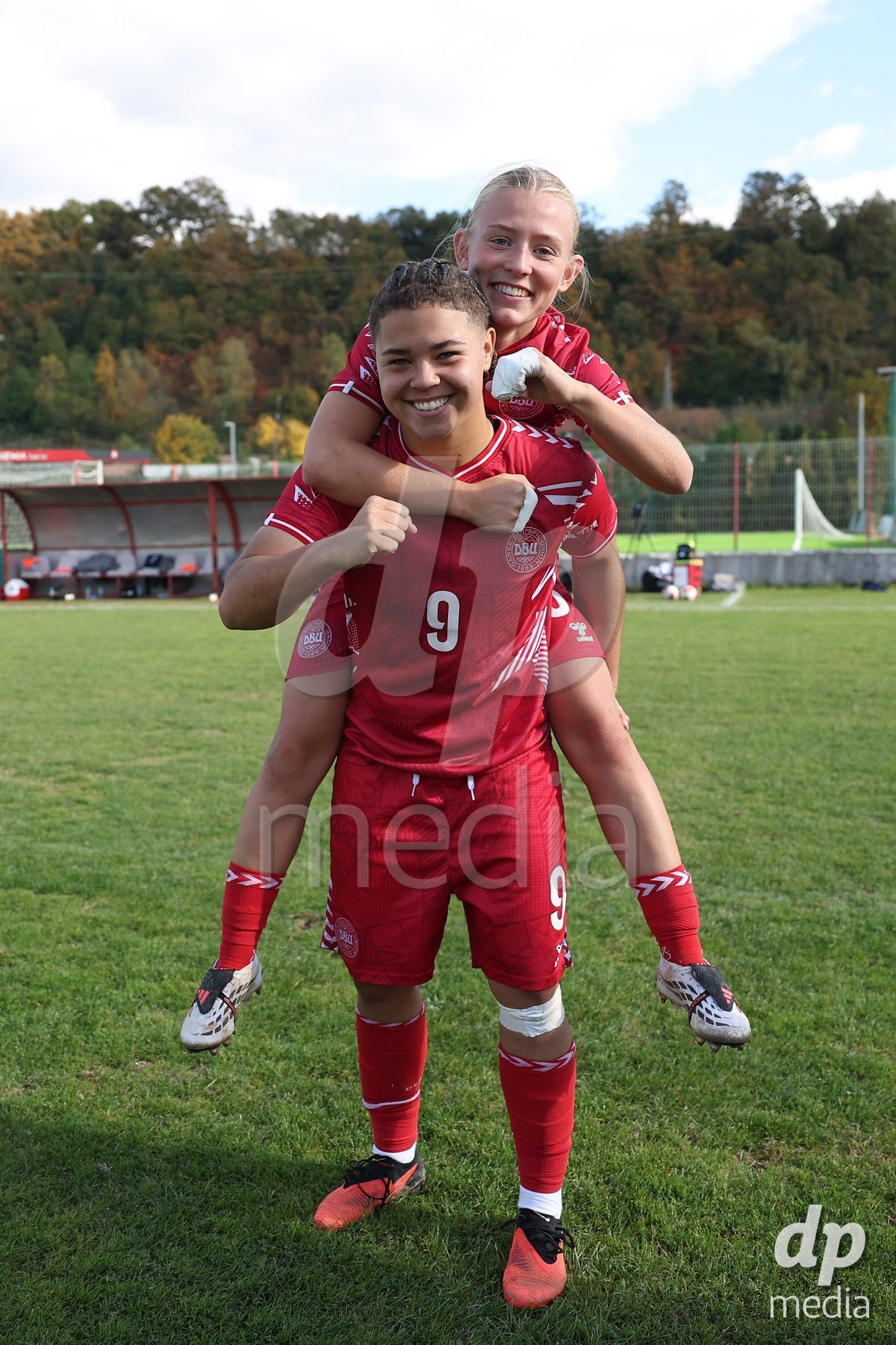 KAKANJ, BOSNIA AND HERZEGOVINA - OCTOBER 13: Thea Petersen of Denmark and Astrid Engsig-Karup of Denmark pose for a photo after the UEFA Womens European Under-19 Qualifier match between Denmark and Switzerland at Mladost Stadium on October 13, 2026 in Kakanj, Bosnia and Herzegovina. Photo: Armin Durgut/Pixsell/DP Media