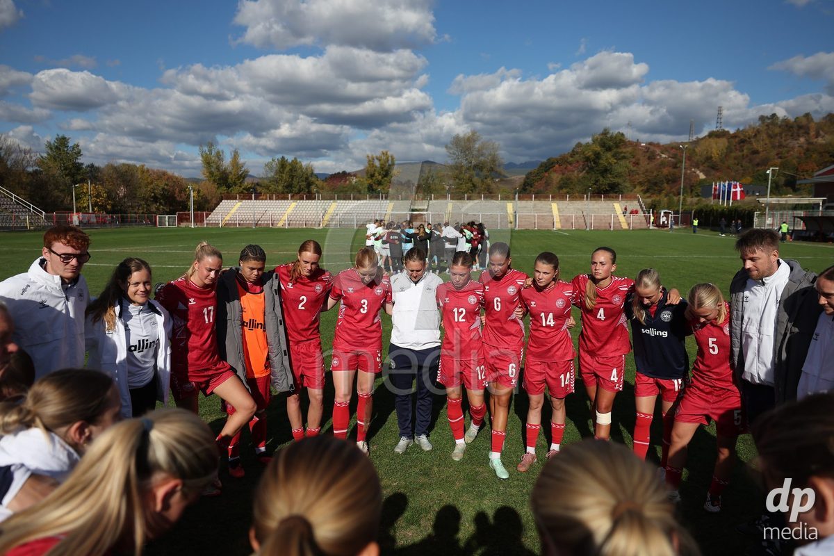 KAKANJ, BOSNIA AND HERZEGOVINA - OCTOBER 13: Players of Denmark celebrate after the UEFA Womens European Under-19 Qualifier match between Denmark and Switzerland at Mladost Stadium on October 13, 2026 in Kakanj, Bosnia and Herzegovina. Photo: Armin Durgut/Pixsell/DP Media