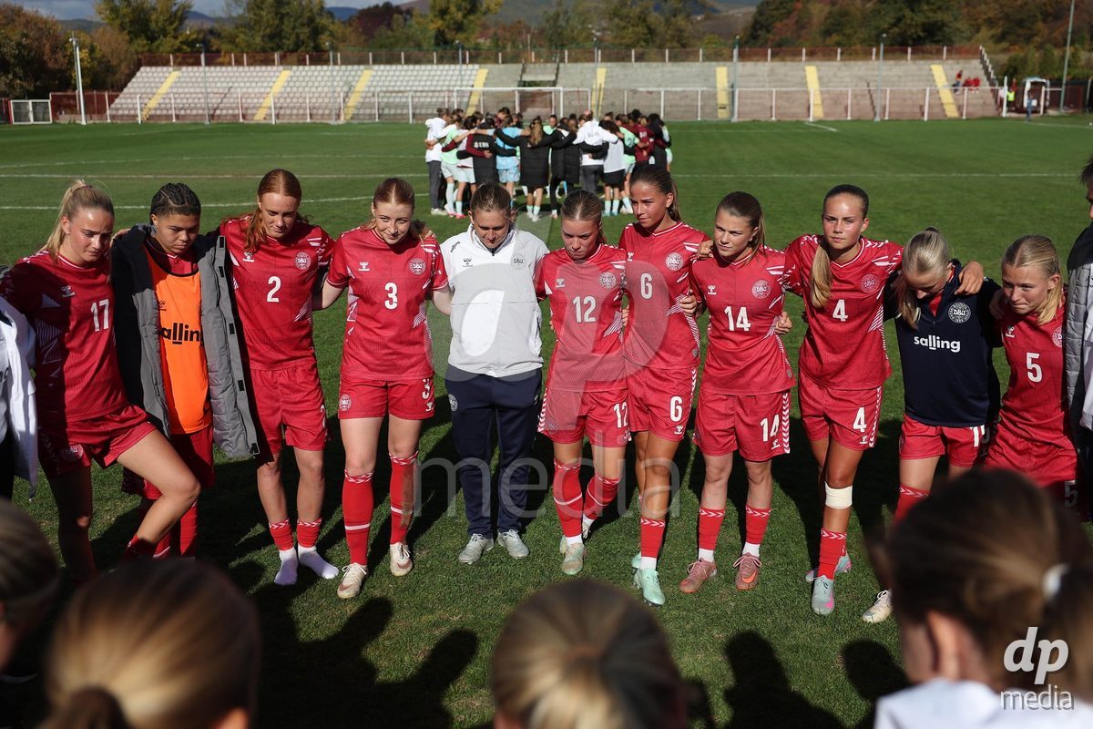 KAKANJ, BOSNIA AND HERZEGOVINA - OCTOBER 13: Players of Denmark celebrate after the UEFA Womens European Under-19 Qualifier match between Denmark and Switzerland at Mladost Stadium on October 13, 2026 in Kakanj, Bosnia and Herzegovina. Photo: Armin Durgut/Pixsell/DP Media