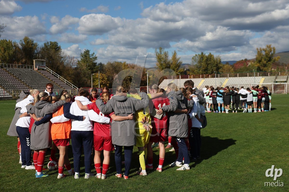KAKANJ, BOSNIA AND HERZEGOVINA - OCTOBER 13: Players of Denmark celebrate after the UEFA Womens European Under-19 Qualifier match between Denmark and Switzerland at Mladost Stadium on October 13, 2026 in Kakanj, Bosnia and Herzegovina. Photo: Armin Durgut/Pixsell/DP Media