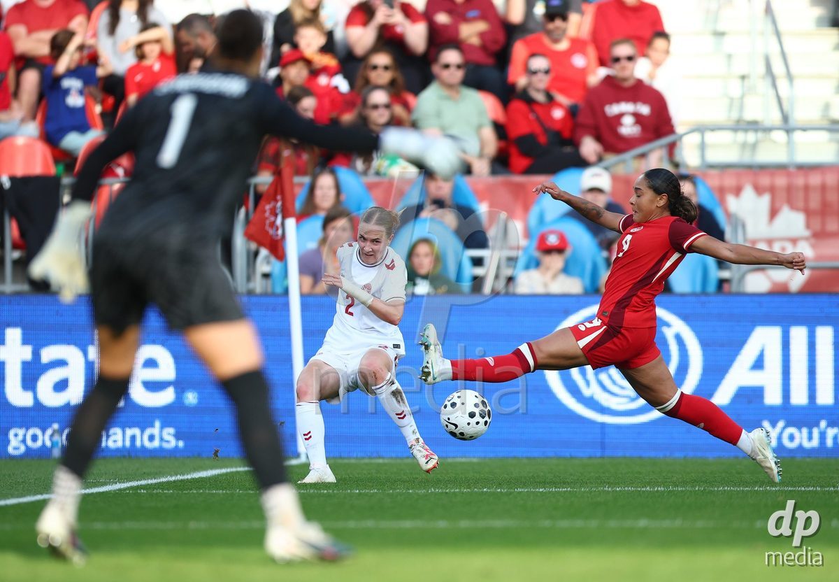 TORONTO, CANADA - OCTOBER 12: Sara Thrige of Denmark crosses the ball during the International Friendly match against Canada at BMO Field on October 12, 2026 in Toronto, Canada.