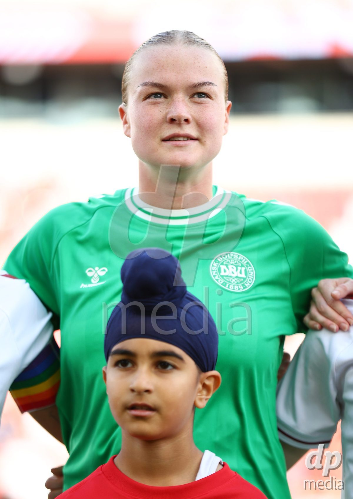 TORONTO, CANADA - OCTOBER 12: Freja Thisgaard of Denmark stands for the national anthem before the International Friendly match against Canada at BMO Field on October 12, 2026 in Toronto, Canada.