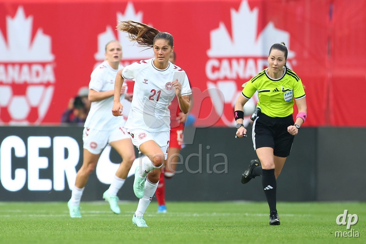 TORONTO, CANADA - OCTOBER 12: Mille Gejl of Denmark runs up the field during the International Friendly match against Canada at BMO Field on October 12, 2026 in Toronto, Canada.