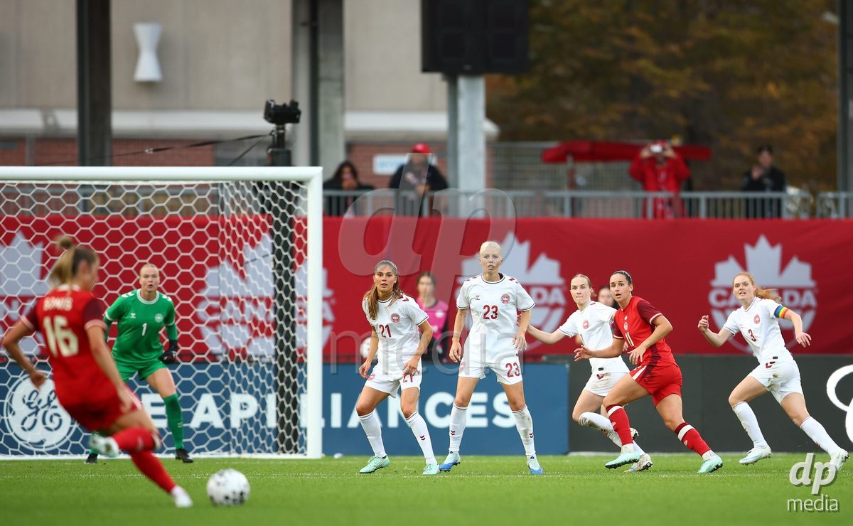 TORONTO, CANADA - OCTOBER 12: Mille Gejl, Sofie Svava, Sara Thrige and Stine Ballisager Pedersen of Denmark face a free kick during the International Friendly match against Canada at BMO Field on October 12, 2026 in Toronto, Canada.