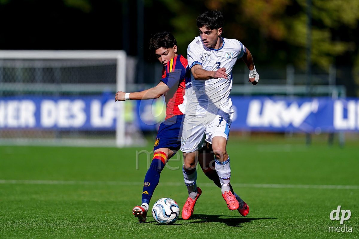 SCHAAN, LIECHTENSTEIN - OCTOBER 15: Yotam Kalfa of Israel and Joaquin Sanchez of Spain battles for the ball during the UEFA European Under-17 Qualifier match between Spain and Israel at LFV Campus Rheinwiese on October 15, 2026 in Schaan, Liechtenstein.