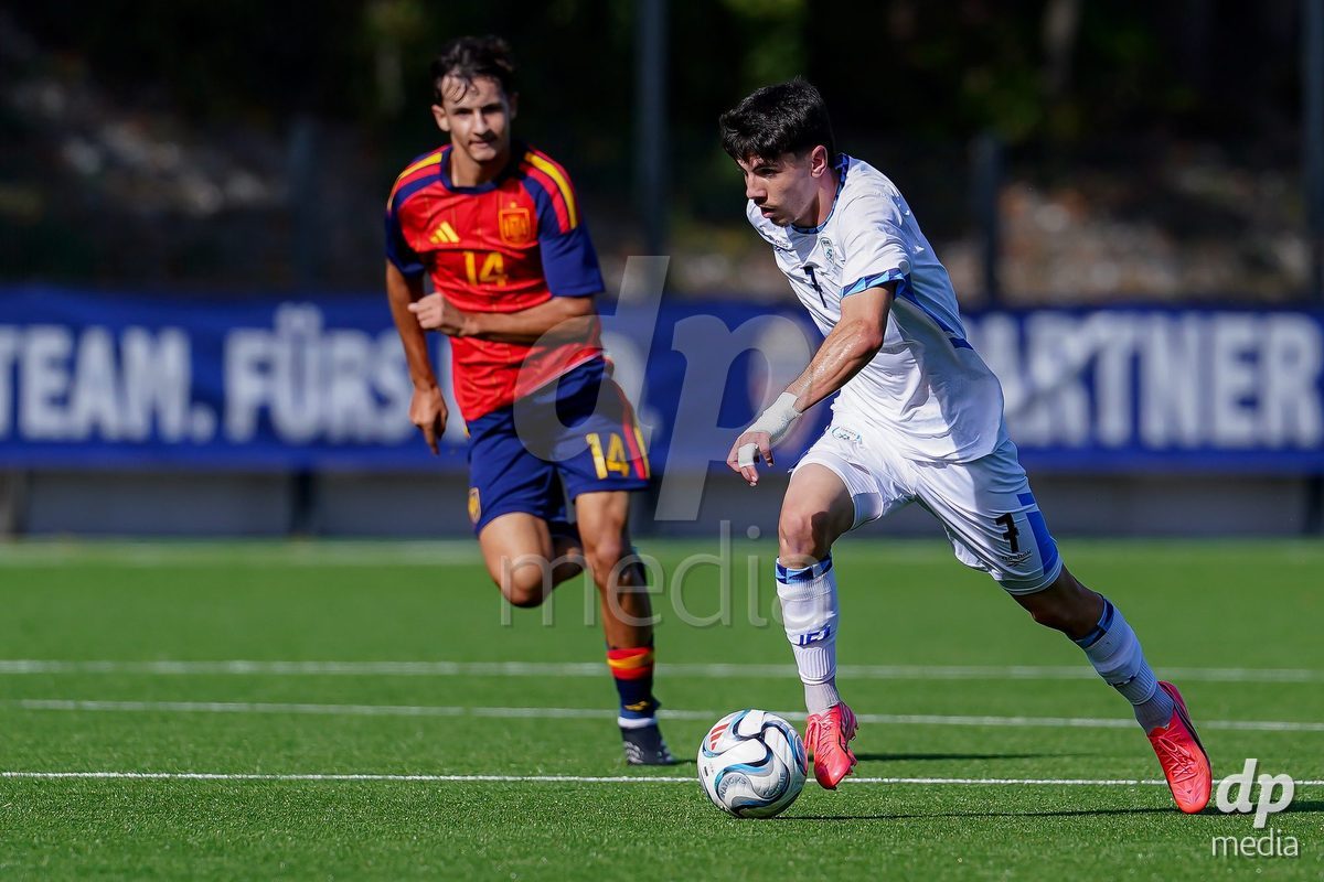 SCHAAN, LIECHTENSTEIN - OCTOBER 15: Yotam Kalfa of Israel controls the ball during the UEFA European Under-17 Qualifier match between Spain and Israel at LFV Campus Rheinwiese on October 15, 2026 in Schaan, Liechtenstein.
