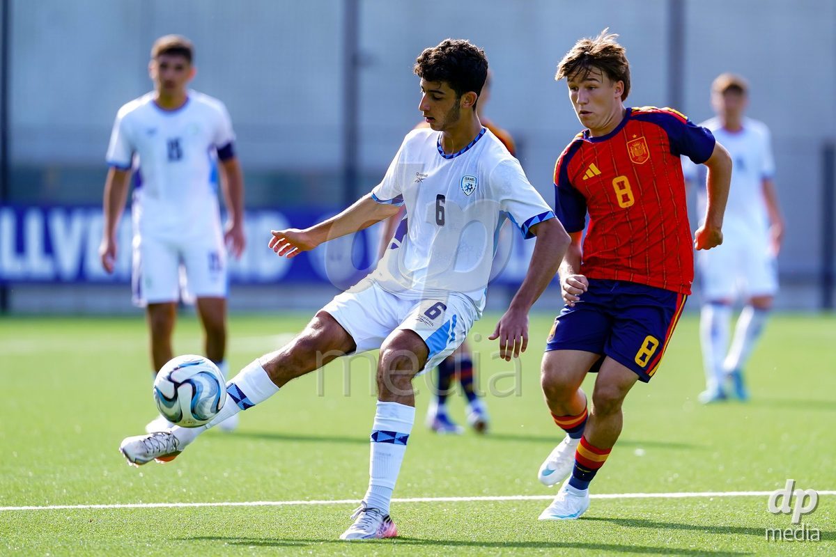 SCHAAN, LIECHTENSTEIN - OCTOBER 15: Ori Ahel of Israel and Hugo Garces of Spain battle for the ball during the UEFA European Under-17 Qualifier match between Spain and Israel at LFV Campus Rheinwiese on October 15, 2026 in Schaan, Liechtenstein.