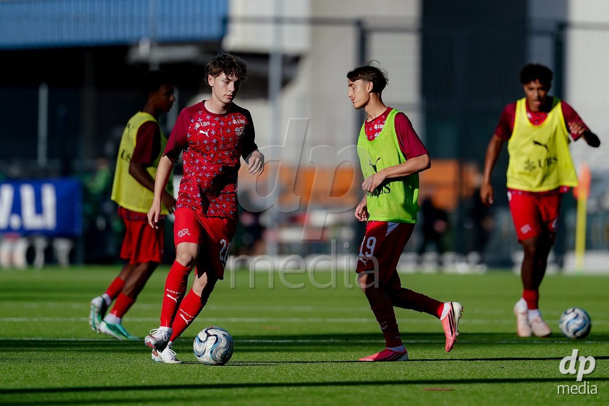 SCHAAN, LIECHTENSTEIN - OCTOBER 15: Players of Switzerland warming up during the UEFA European Under-17 Qualifier match between Switzerland and Liechtenstein at LFV Campus Rheinwiese on October 15, 2026 in Schaan, Liechtenstein.