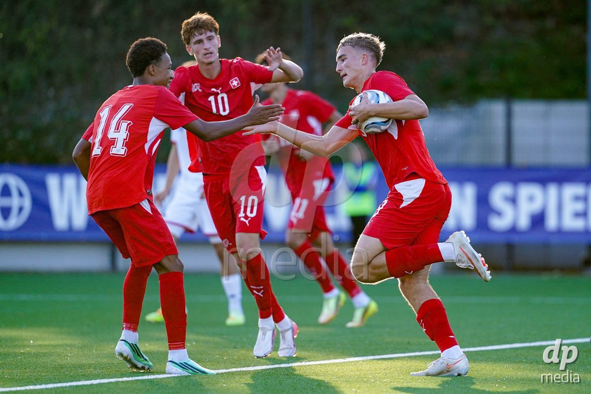 SCHAAN, LIECHTENSTEIN - OCTOBER 15: Niko Cavka of Switzerland celebrating with team after scoring during the UEFA European Under-17 Qualifier match between Switzerland and Liechtenstein at LFV Campus Rheinwiese on October 15, 2026 in Schaan, Liechtenstein.