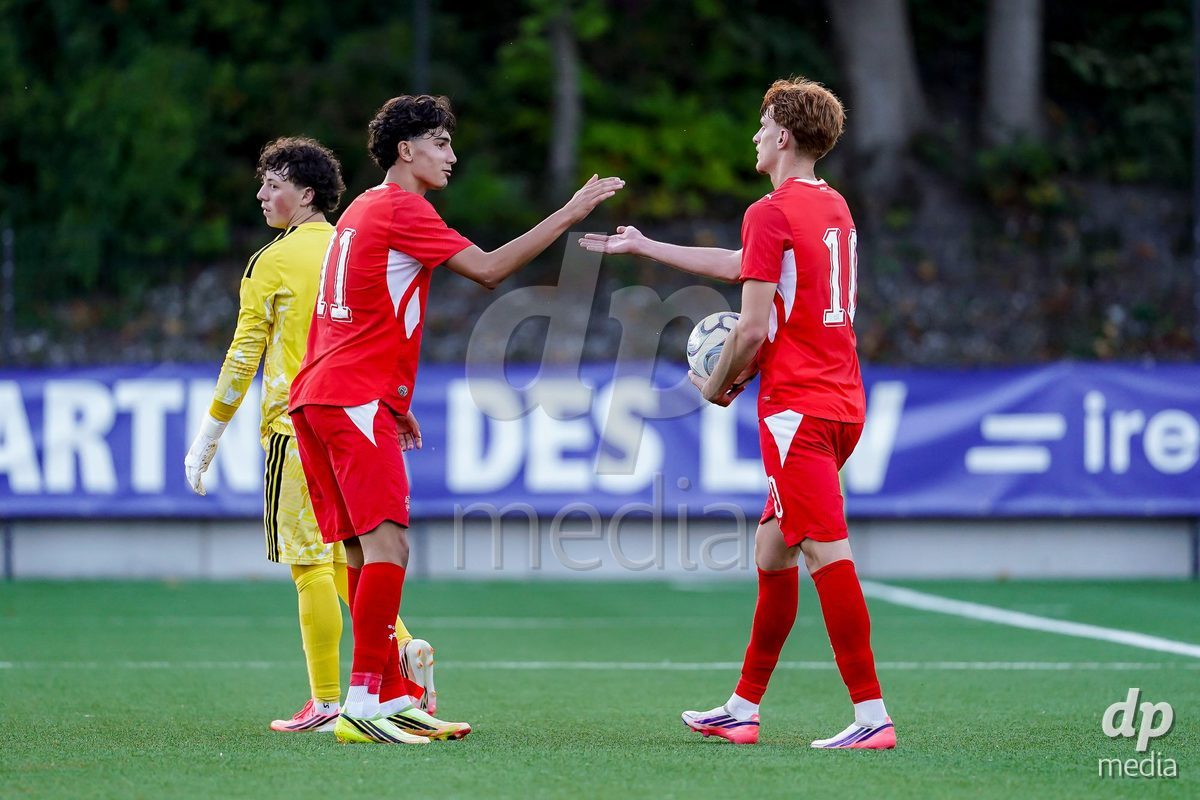 SCHAAN, LIECHTENSTEIN - OCTOBER 15: Players of Switzerland celebrating after scoring goal during the UEFA European Under-17 Qualifier match between Switzerland and Liechtenstein at LFV Campus Rheinwiese on October 15, 2026 in Schaan, Liechtenstein.