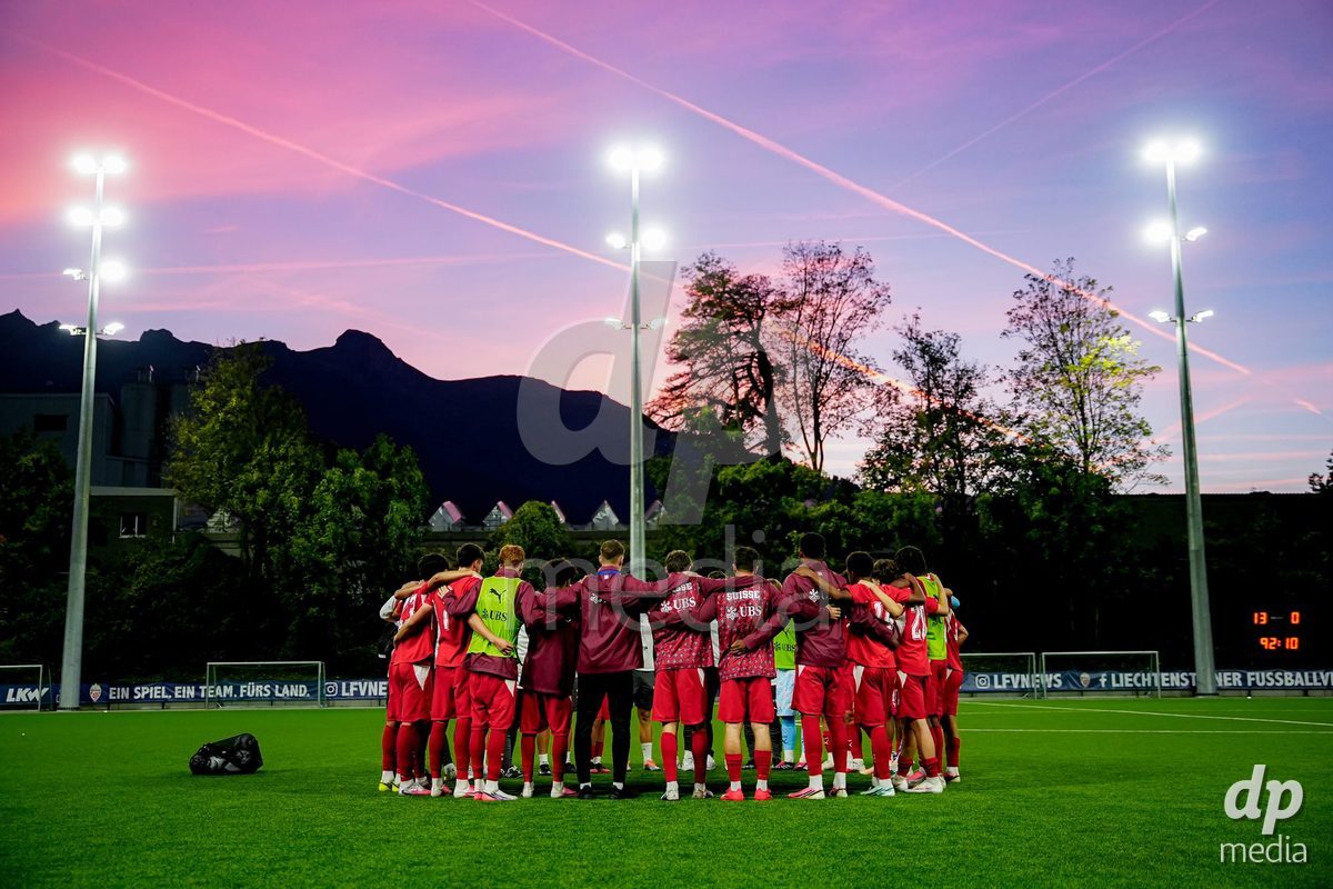 SCHAAN, LIECHTENSTEIN - OCTOBER 15: Switzerland after winning the UEFA European Under-17 Qualifier match between Switzerland and Liechtenstein at LFV Campus Rheinwiese on October 15, 2026 in Schaan, Liechtenstein.
