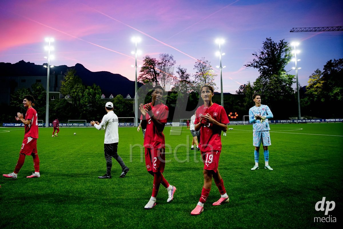 SCHAAN, LIECHTENSTEIN - OCTOBER 15: Switzerland after winning the UEFA European Under-17 Qualifier match between Switzerland and Liechtenstein at LFV Campus Rheinwiese on October 15, 2026 in Schaan, Liechtenstein.