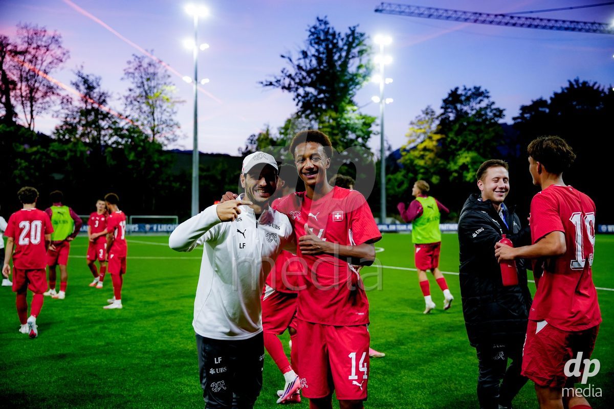 SCHAAN, LIECHTENSTEIN - OCTOBER 15: Switzerland after winning the UEFA European Under-17 Qualifier match between Switzerland and Liechtenstein at LFV Campus Rheinwiese on October 15, 2026 in Schaan, Liechtenstein.
