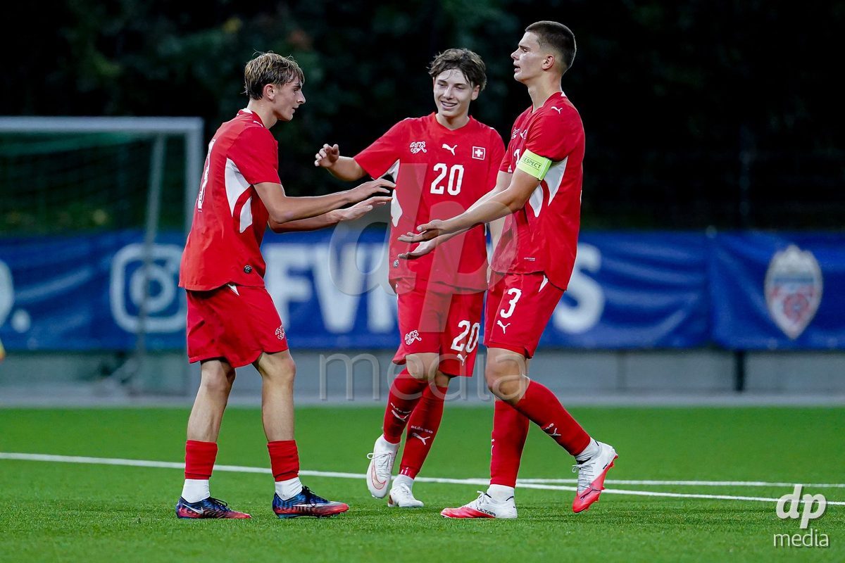 SCHAAN, LIECHTENSTEIN - OCTOBER 15: Players of Switzerland celebrating after scoring goal during the UEFA European Under-17 Qualifier match between Switzerland and Liechtenstein at LFV Campus Rheinwiese on October 15, 2026 in Schaan, Liechtenstein.
