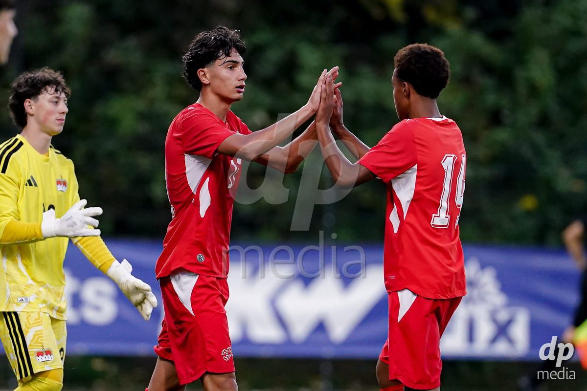 SCHAAN, LIECHTENSTEIN - OCTOBER 15: Players of Switzerland celebrating after scoring goal during the UEFA European Under-17 Qualifier match between Switzerland and Liechtenstein at LFV Campus Rheinwiese on October 15, 2026 in Schaan, Liechtenstein.