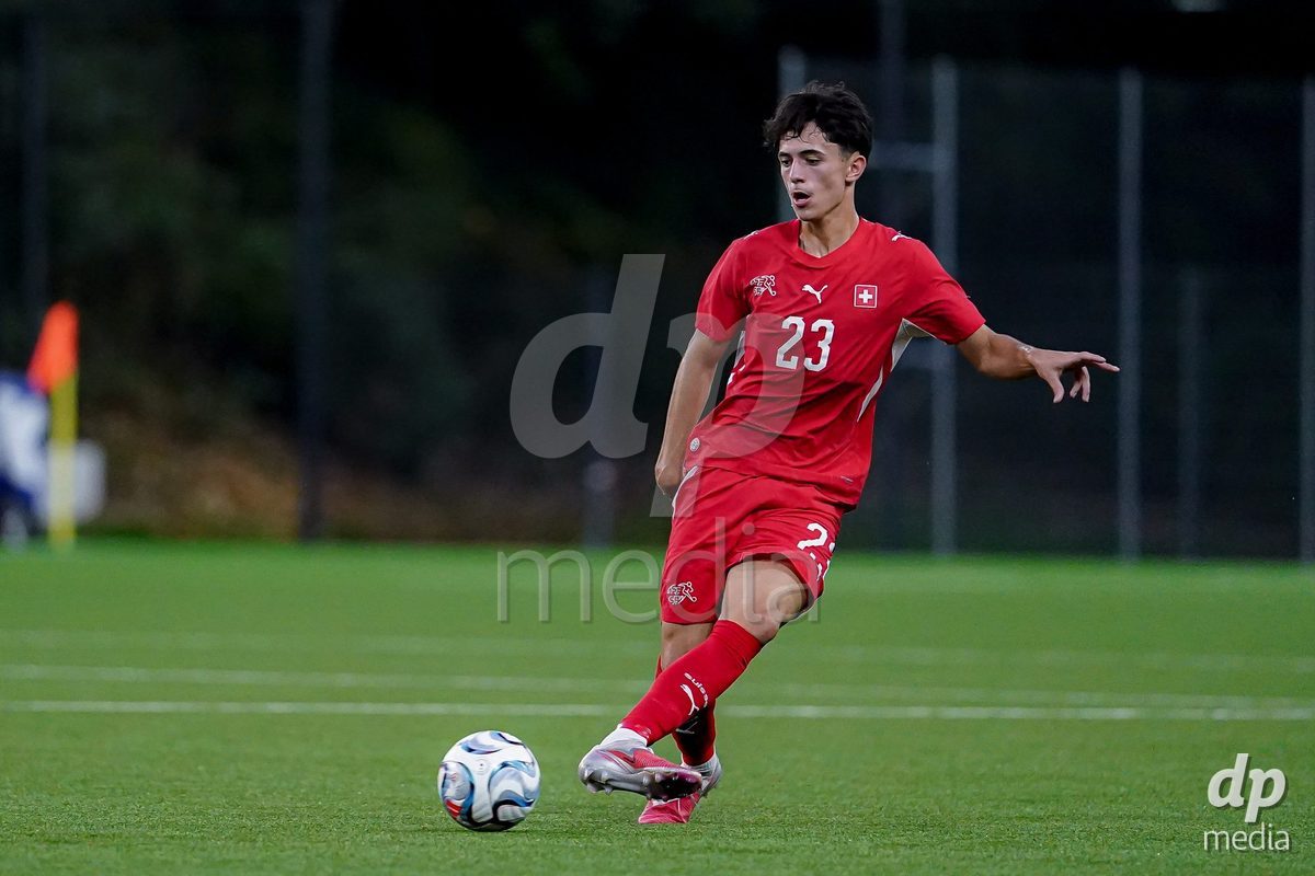 SCHAAN, LIECHTENSTEIN - OCTOBER 15: Romeo Mijic of Switzerland controls the ball during the UEFA European Under-17 Qualifier match between Switzerland and Liechtenstein at LFV Campus Rheinwiese on October 15, 2026 in Schaan, Liechtenstein.