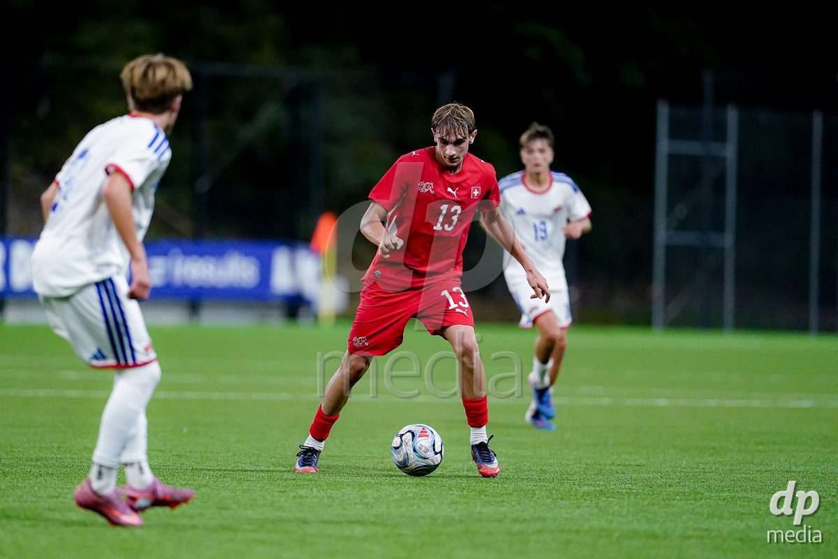 SCHAAN, LIECHTENSTEIN - OCTOBER 15: Timothy Dani Zanovello of Switzerland the ball during the UEFA European Under-17 Qualifier match between Switzerland and Liechtenstein at LFV Campus Rheinwiese on October 15, 2026 in Schaan, Liechtenstein.