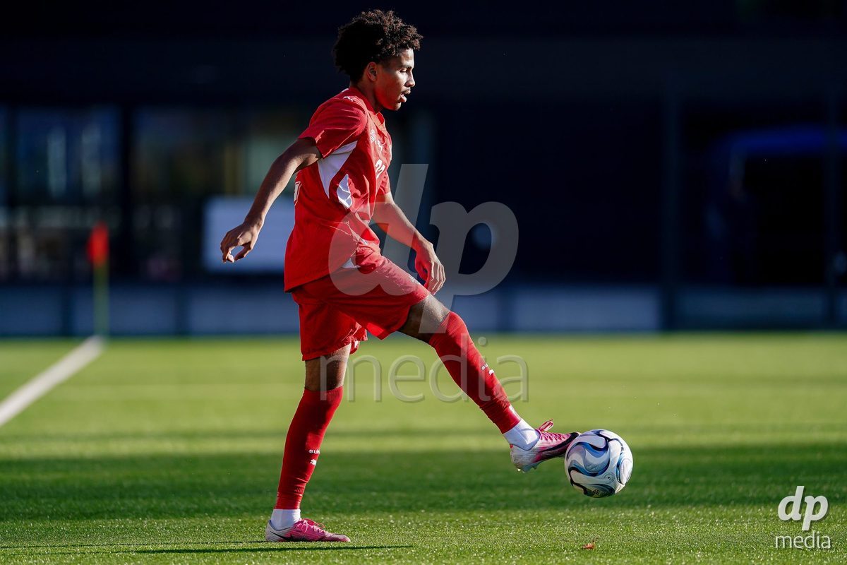 SCHAAN, LIECHTENSTEIN - OCTOBER 15: Nolaan Stifani of Switzerland controls the ball during the UEFA European Under-17 Qualifier match between Switzerland and Liechtenstein at LFV Campus Rheinwiese on October 15, 2026 in Schaan, Liechtenstein.