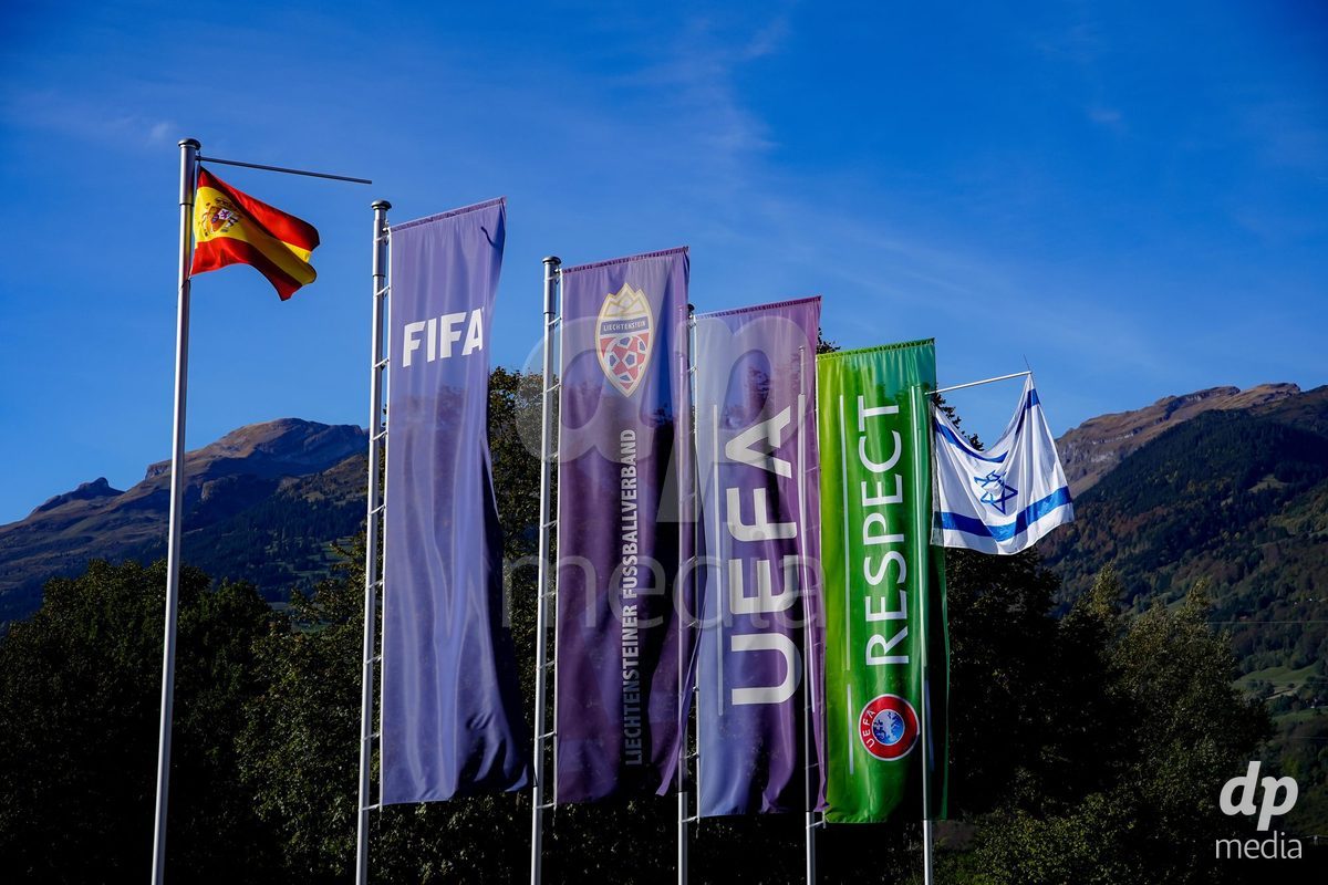 SCHAAN, LIECHTENSTEIN - OCTOBER 15: Flags during the UEFA European Under-17 Qualifier match between Spain and Israel at LFV Campus Rheinwiese on October 15, 2026 in Schaan, Liechtenstein.