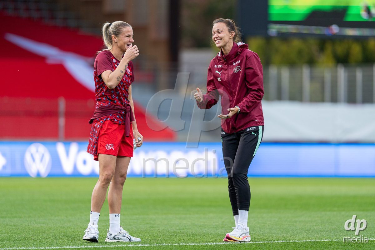 SION, SWITZERLAND, OCTOBER 13 : Ana-Maria CrnogorÄeviÄ of Switzerland and Kea Eckermann prior to the FIFA Women's World Cup 2027 Women's European Qualifiers Play-offs game between Switzerland and Israel at Stade de Tourbillon on October 13, 2026 in Sion, Switzerland.