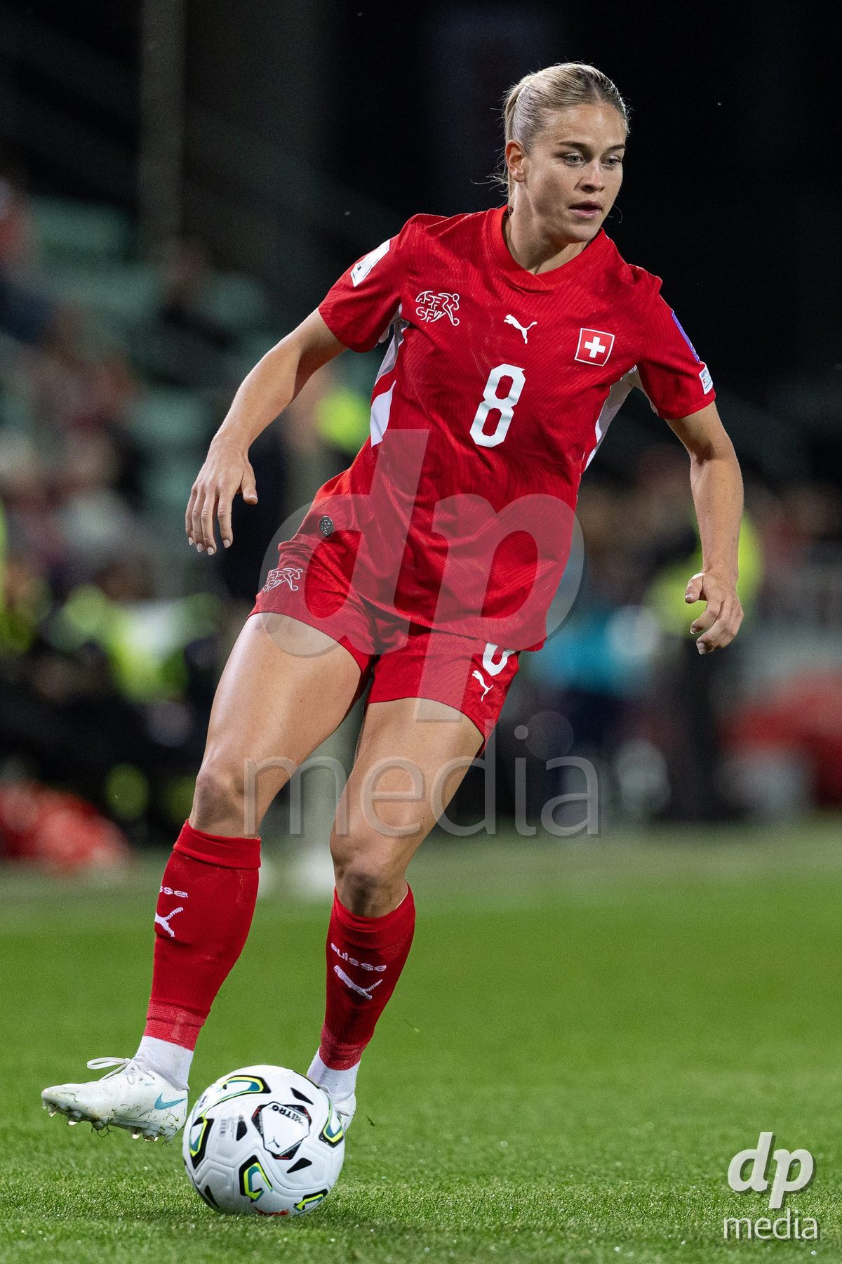 SION, SWITZERLAND, OCTOBER 13 : Nadine Riesen of Switzerland dribbles during the FIFA Women's World Cup 2027 Women's European Qualifiers Play-offs game between Switzerland and Israel at Stade de Tourbillon on October 13, 2026 in Sion, Switzerland.