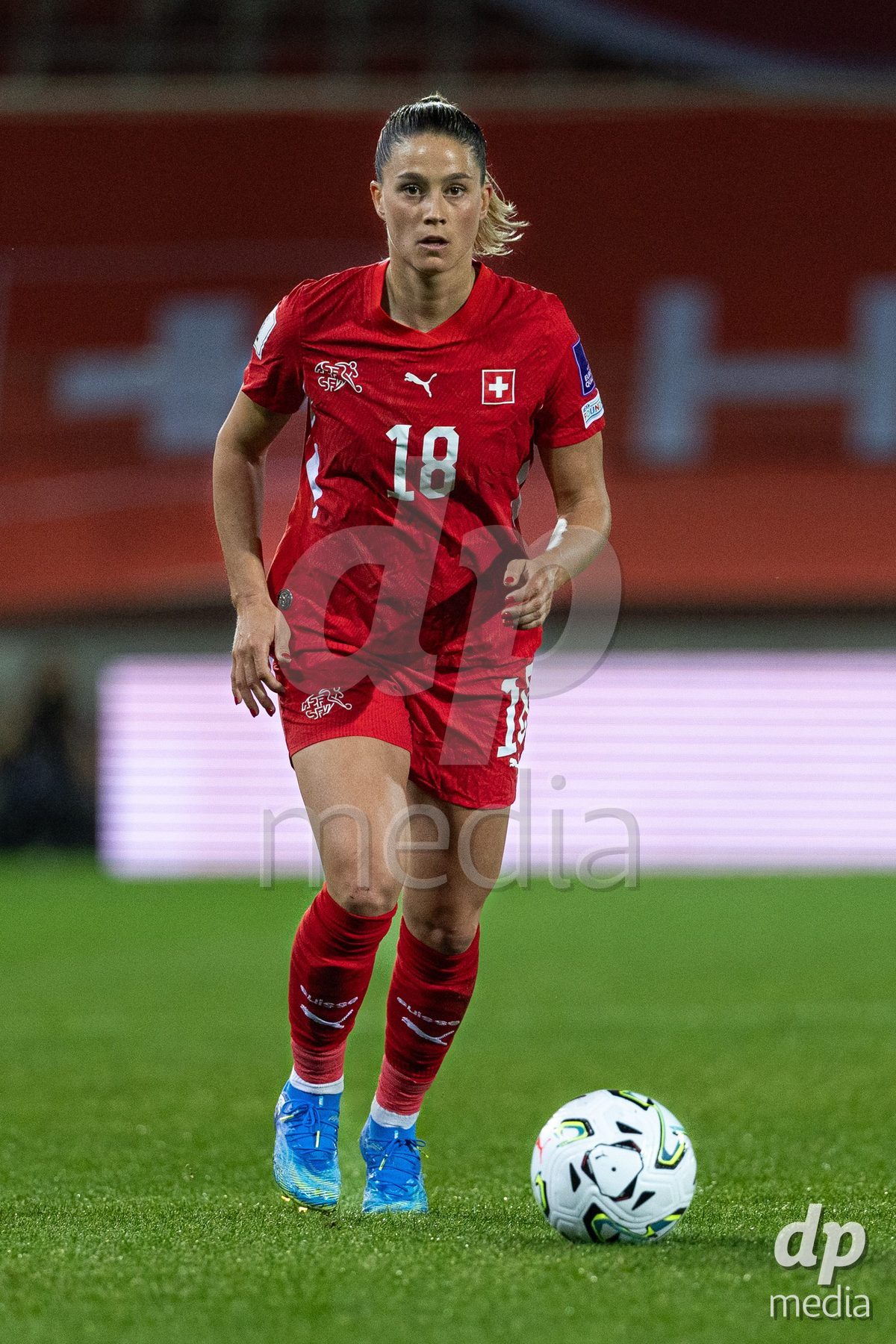 SION, SWITZERLAND, OCTOBER 13 : Viola Calligaris of Switzerland runs with the ball during the FIFA Women's World Cup 2027 Women's European Qualifiers Play-offs game between Switzerland and Israel at Stade de Tourbillon on October 13, 2026 in Sion, Switzerland.