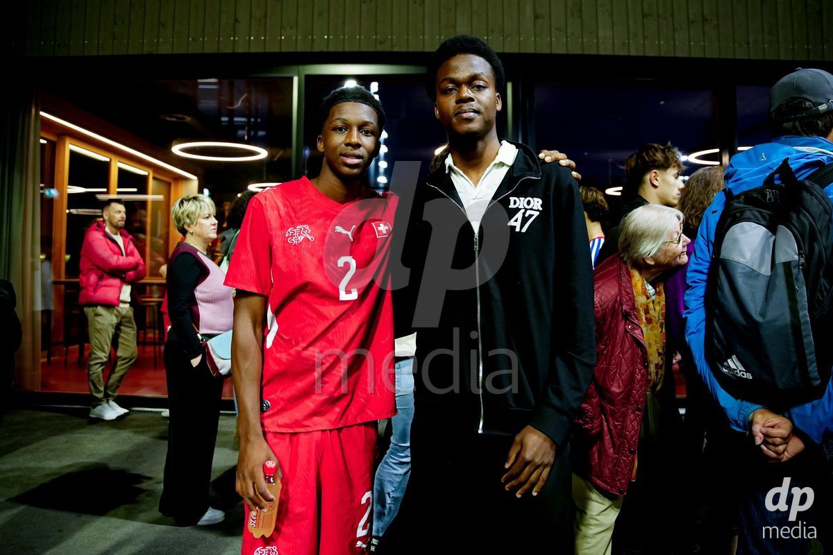 SCHAAN, LIECHTENSTEIN - OCTOBER 15: Players of Switzerland with fans after winning the UEFA European Under-17 Qualifier match between Switzerland and Liechtenstein at LFV Campus Rheinwiese on October 15, 2026 in Schaan, Liechtenstein.