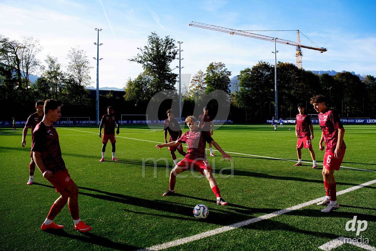 SCHAAN, LIECHTENSTEIN - OCTOBER 15: Players of Switzerland warming up during the UEFA European Under-17 Qualifier match between Switzerland and Liechtenstein at LFV Campus Rheinwiese on October 15, 2026 in Schaan, Liechtenstein.