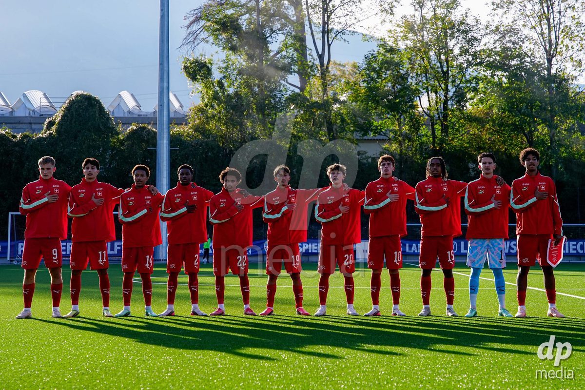 SCHAAN, LIECHTENSTEIN - OCTOBER 15: Players of Switzerland during the UEFA European Under-17 Qualifier match between Switzerland and Liechtenstein at LFV Campus Rheinwiese on October 15, 2026 in Schaan, Liechtenstein.