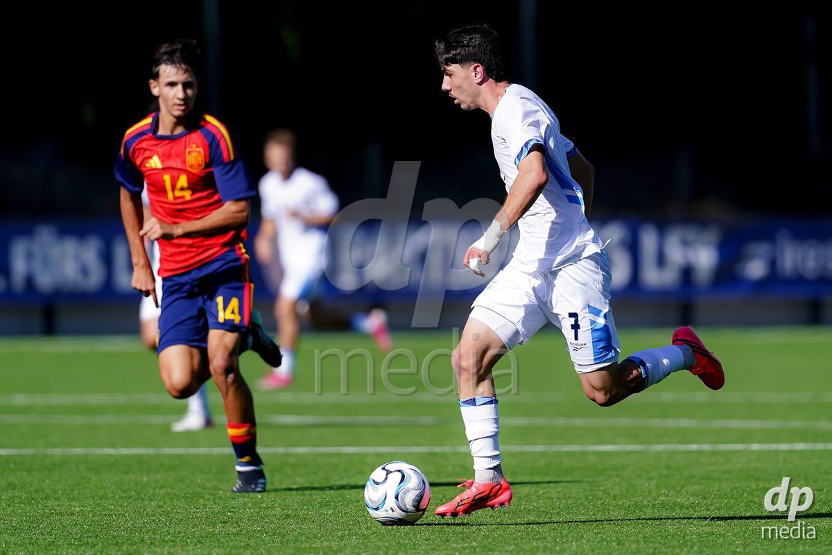 SCHAAN, LIECHTENSTEIN - OCTOBER 15: Yotam Kalfa of Israel controls the ball during the UEFA European Under-17 Qualifier match between Spain and Israel at LFV Campus Rheinwiese on October 15, 2026 in Schaan, Liechtenstein.