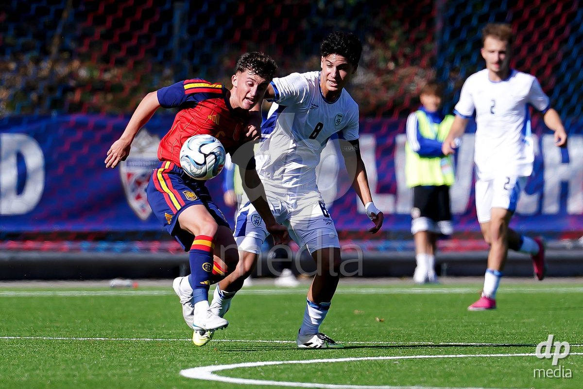 SCHAAN, LIECHTENSTEIN - OCTOBER 15: Noam Goldenberg of Israel battles for the ball during the UEFA European Under-17 Qualifier match between Spain and Israel at LFV Campus Rheinwiese on October 15, 2026 in Schaan, Liechtenstein.