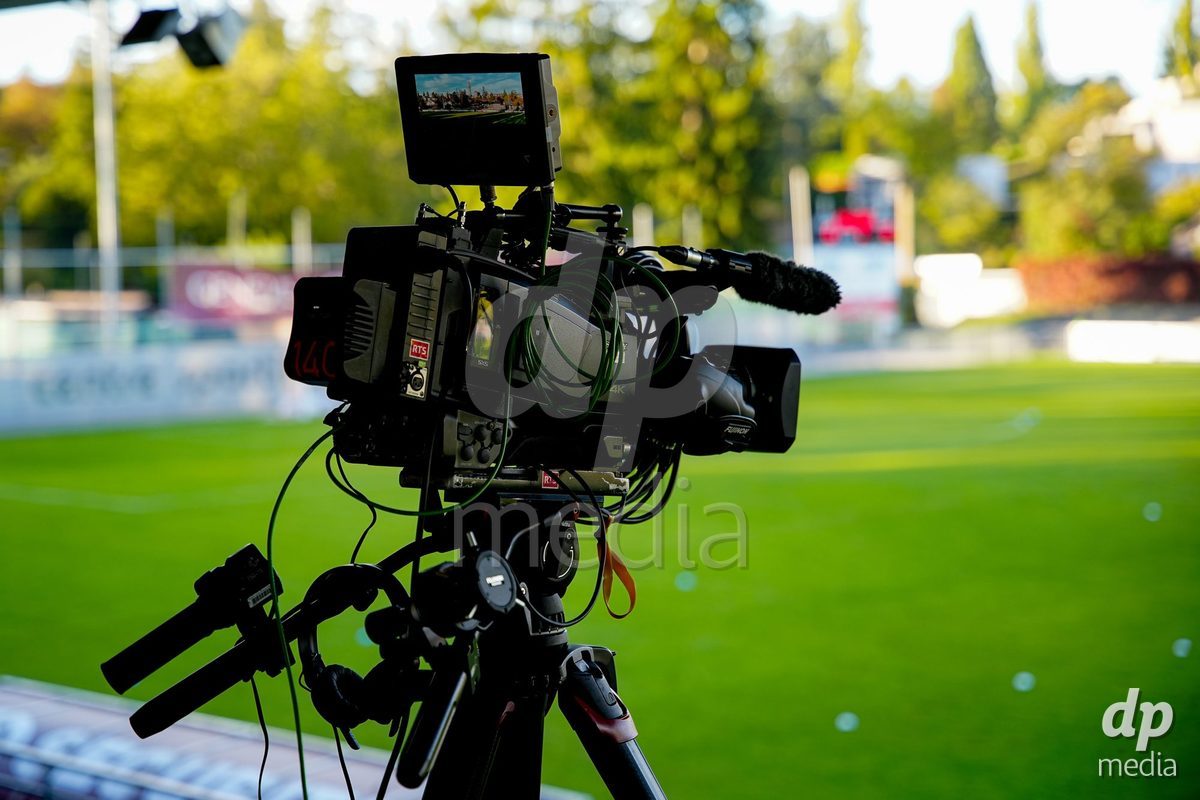 GENEVA, SWITZERLAND - OCTOBER 16: RTS TV camera during the AXA Women's Super League match between Servette FC Chenois Feminin and FC Luzern at Stade de Trois-Chene on October 16, 2026 in Geneva, Switzerland.