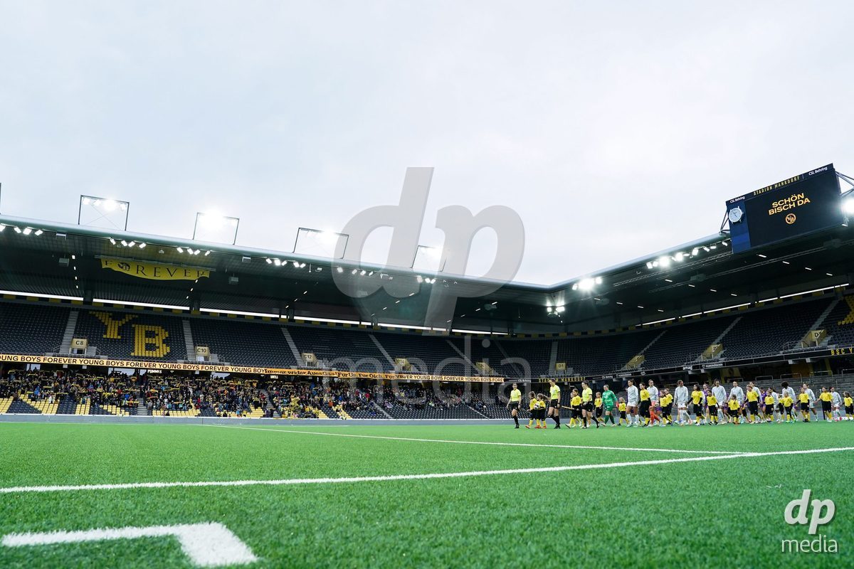 BERN, SWITZERLAND - OCTOBER 17: Walk-in players and referee during the AXA Women's Super League match between BSC YB Frauen and GC Frauenfussball at Wankdorf Stadion on October 17, 2026 in Bern, Switzerland.