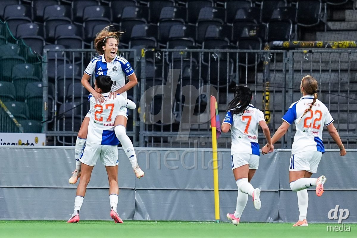 BERN, SWITZERLAND - OCTOBER 17: Marta Cazalla of Grasshopper Club Zurich celebrates with teammates after scoring her team's first goal  during the AXA Women's Super League match between BSC YB Frauen and GC Frauenfussball at Wankdorf Stadion on October 17, 2026 in Bern, Switzerland.