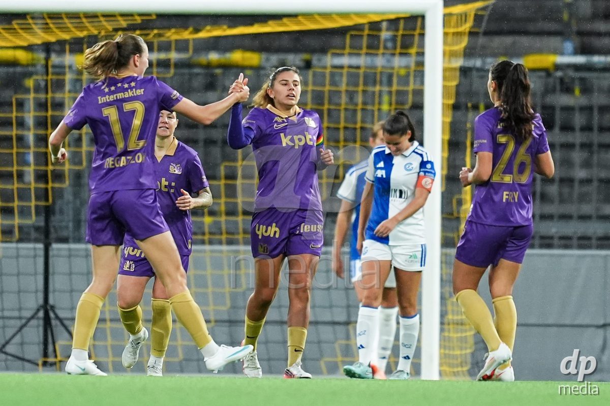BERN, SWITZERLAND - OCTOBER 17: Stephanie Waeber of BSC YB Frauen celebrates with teammates after scoring her team's first goal  during the AXA Women's Super League match between BSC YB Frauen and GC Frauenfussball at Wankdorf Stadion on October 17, 2026 in Bern, Switzerland.