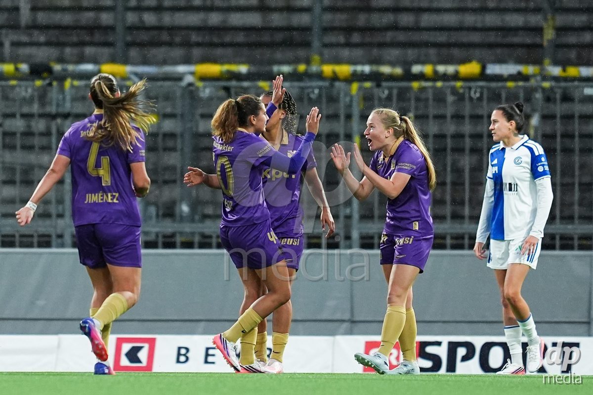 BERN, SWITZERLAND - OCTOBER 17: Stephanie Waeber of BSC YB Frauen celebrates with teammates after scoring her team's first goal  during the AXA Women's Super League match between BSC YB Frauen and GC Frauenfussball at Wankdorf Stadion on October 17, 2026 in Bern, Switzerland.