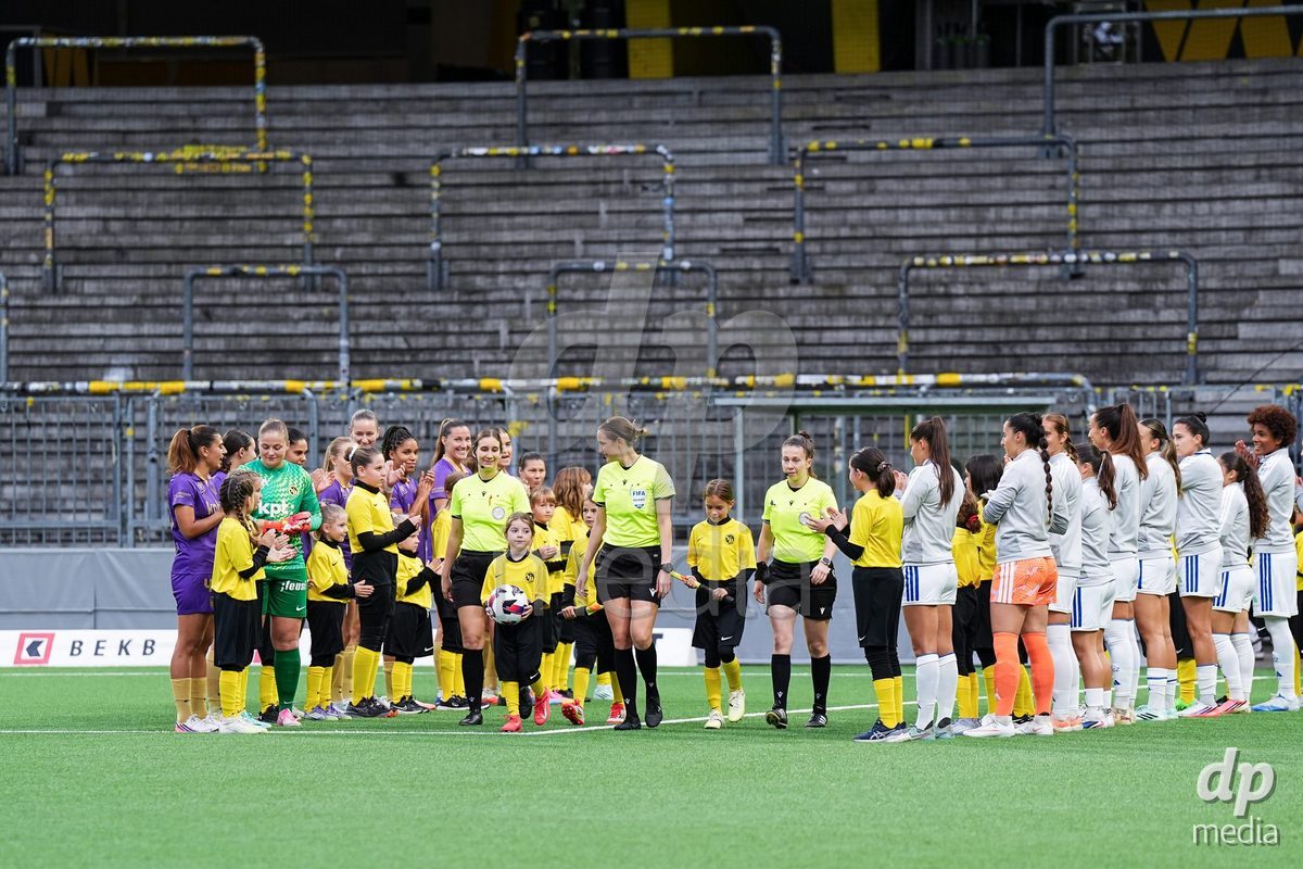BERN, SWITZERLAND - OCTOBER 17: Walk-in players and referee during the AXA Women's Super League match between BSC YB Frauen and GC Frauenfussball at Wankdorf Stadion on October 17, 2026 in Bern, Switzerland.