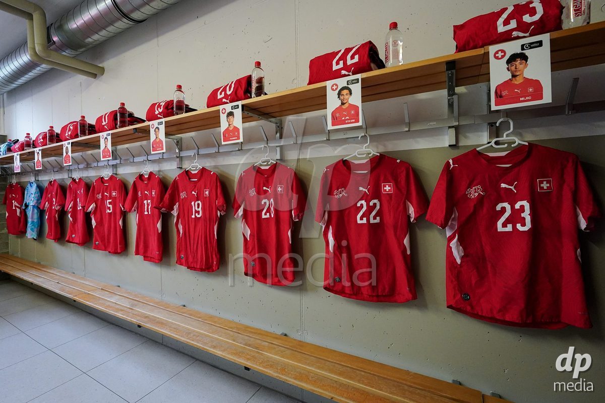 VADUZ, LIECHTENSTEIN - OCTOBER 18: General view inside the dressing room of team Switzerland prior to the UEFA European Under-17 Qualifier match between Switzerland and Spain at Rheinpark Stadion on October 18, 2026 in Vaduz, Liechtenstein.