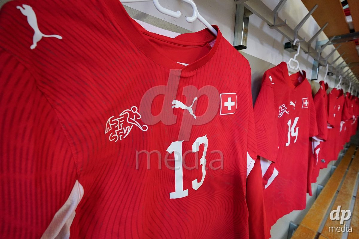 VADUZ, LIECHTENSTEIN - OCTOBER 18: General view inside the dressing room of team Switzerland prior to the UEFA European Under-17 Qualifier match between Switzerland and Spain at Rheinpark Stadion on October 18, 2026 in Vaduz, Liechtenstein.