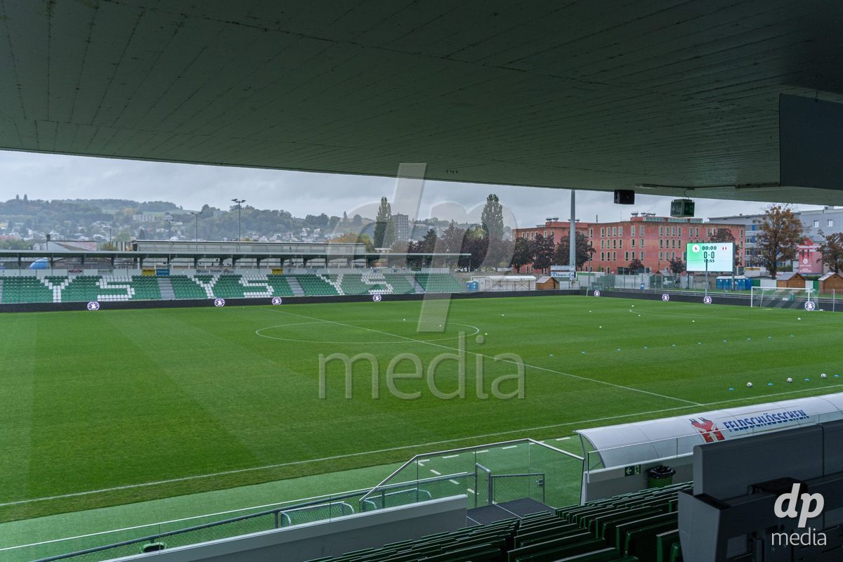 YVERDON-LES-BAINS, SWITZERLAND - OCTOBER 18: General view of Stade Municipal prior to the AXA Women's Super League match between FC Yverdon Women and FC Rapperswil-Jona at Stade Municipal on October 18, 2026 in Yverdon-les-Bains, Switzerland.