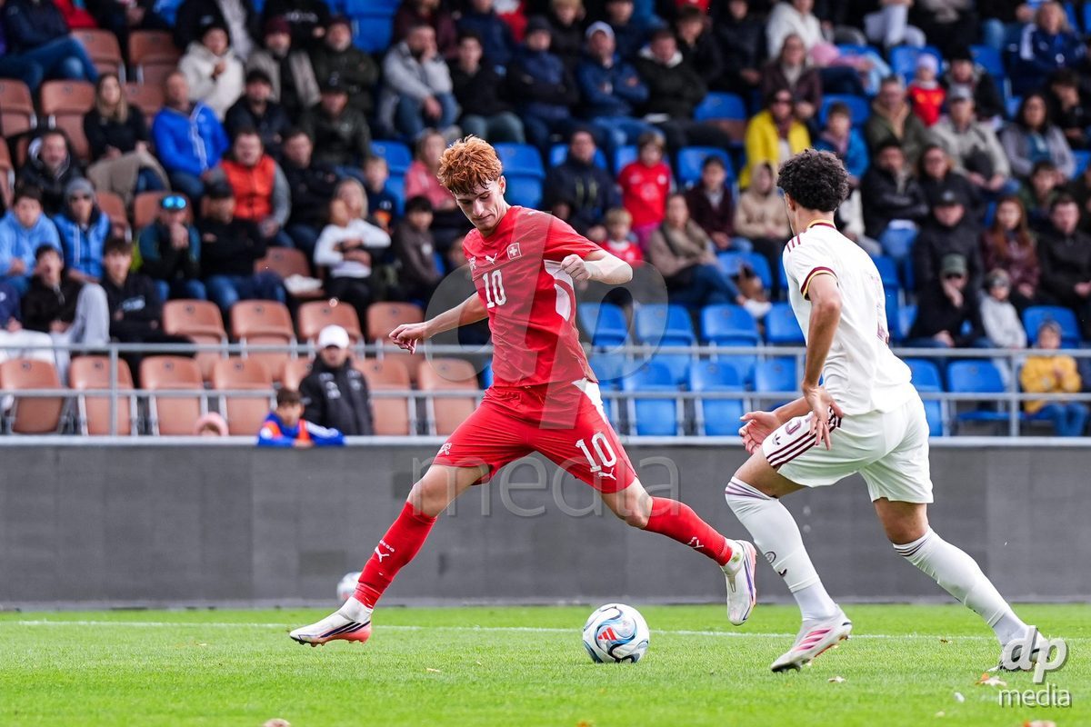 VADUZ, LIECHTENSTEIN - OCTOBER 18: Eron Kele of Switzerland scores the first team goal during the UEFA European Under-17 Qualifier match between Switzerland and Spain at Rheinpark Stadion on October 18, 2026 in Vaduz, Liechtenstein.