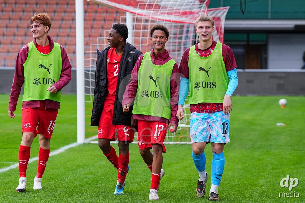 VADUZ, LIECHTENSTEIN - OCTOBER 18: Eron Kele, Darren Okoh, Kyle Kurt and Henrik Fehr of Switzerland celebrate their second team goal during the UEFA European Under-17 Qualifier match between Switzerland and Spain at Rheinpark Stadion on October 18, 2026 in Vaduz, Liechtenstein.