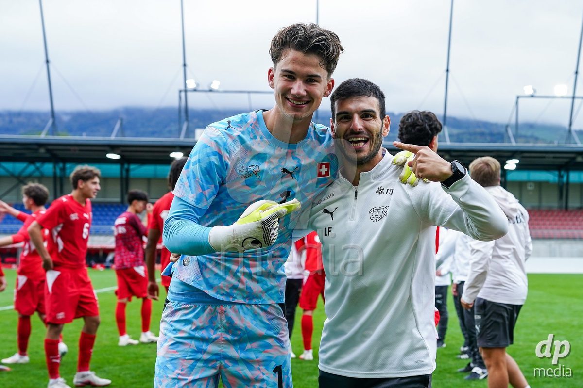 VADUZ, LIECHTENSTEIN - OCTOBER 18: Yanis Emch of Switzerland celebrate the victory and entry into the nexxt round after the UEFA European Under-17 Qualifier match between Switzerland and Spain at Rheinpark Stadion on October 18, 2026 in Vaduz, Liechtenstein.