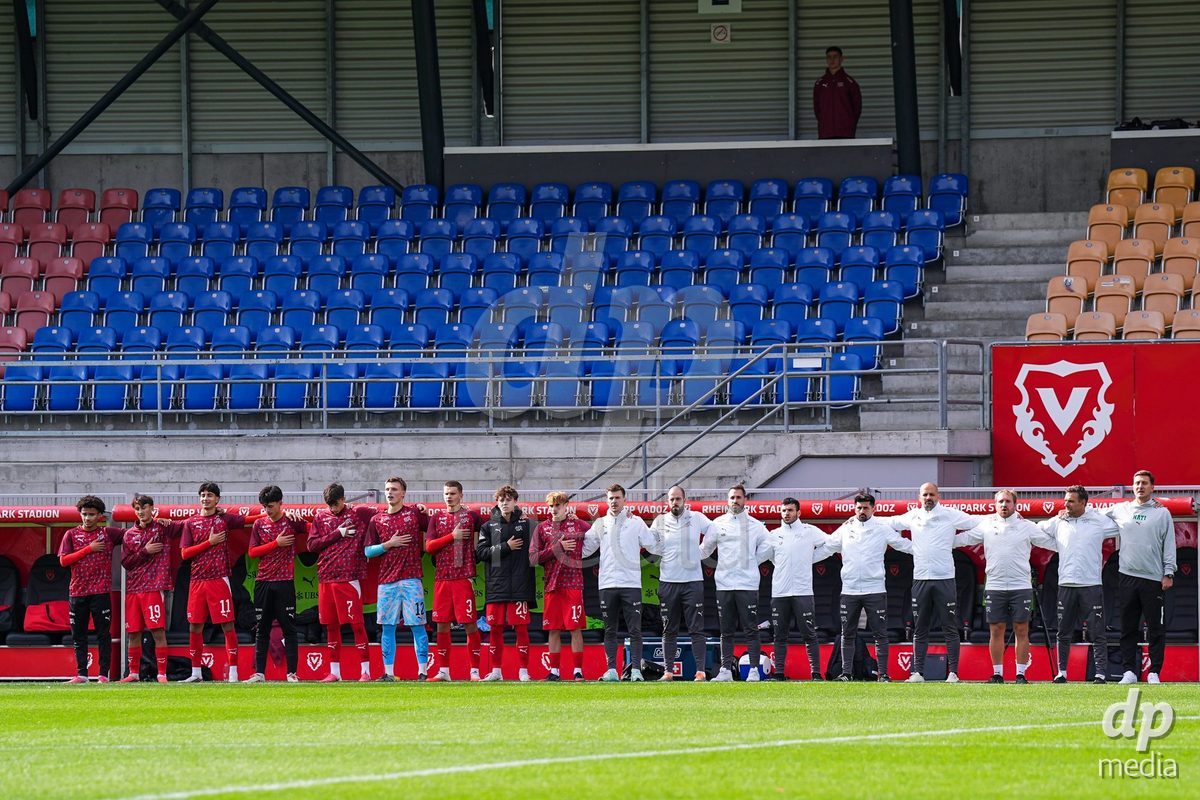 VADUZ, LIECHTENSTEIN - OCTOBER 18: Players of Switzerland during the national anthem prior to the UEFA European Under-17 Qualifier match between Switzerland and Spain at Rheinpark Stadion on October 18, 2026 in Vaduz, Liechtenstein.