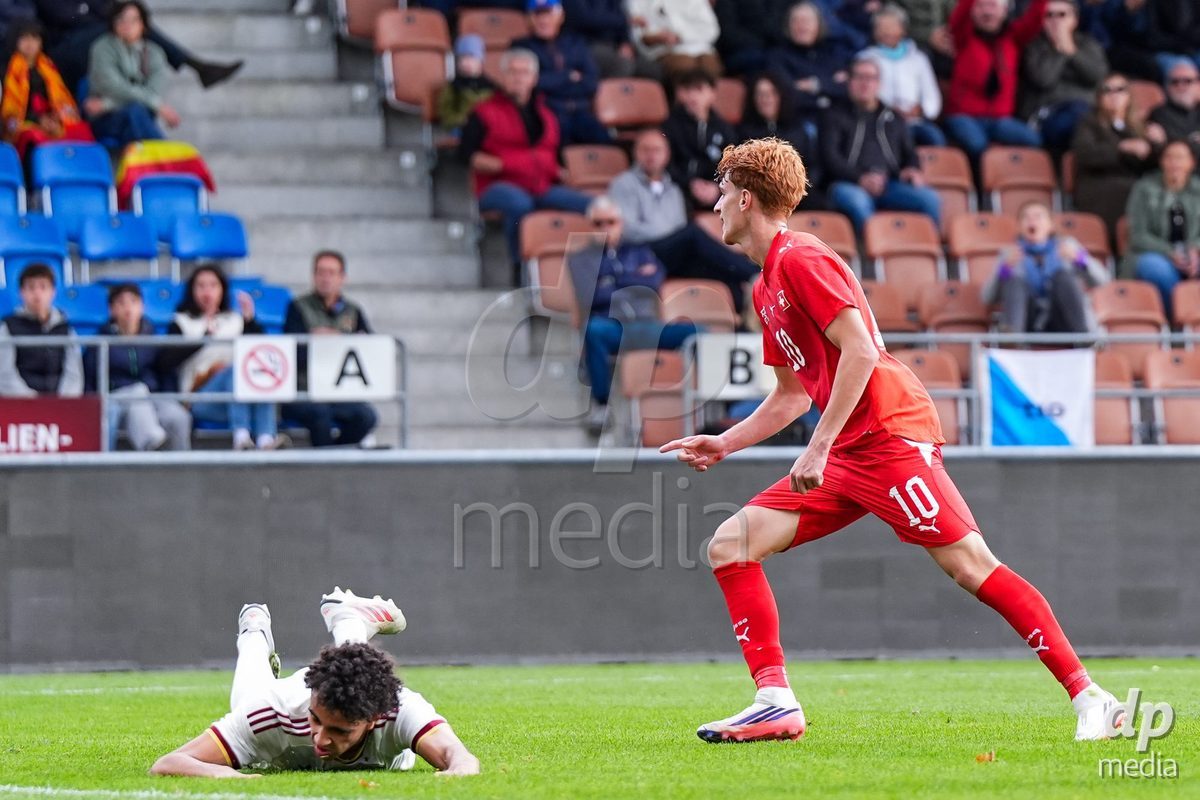 VADUZ, LIECHTENSTEIN - OCTOBER 18: Eron Kele of Switzerland celebrates scoring the first team goal during the UEFA European Under-17 Qualifier match between Switzerland and Spain at Rheinpark Stadion on October 18, 2026 in Vaduz, Liechtenstein.