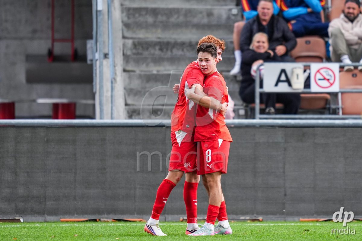 VADUZ, LIECHTENSTEIN - OCTOBER 18: Eron Kele of Switzerland celebrates scoring the first team goal with Leandro Cottiati of Switzerland during the UEFA European Under-17 Qualifier match between Switzerland and Spain at Rheinpark Stadion on October 18, 2026 in Vaduz, Liechtenstein.