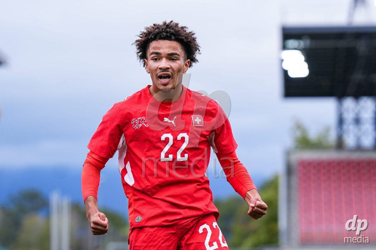 VADUZ, LIECHTENSTEIN - OCTOBER 18: Nolaan Stifani of Switzerland ceelbrates during the UEFA European Under-17 Qualifier match between Switzerland and Spain at Rheinpark Stadion on October 18, 2026 in Vaduz, Liechtenstein.