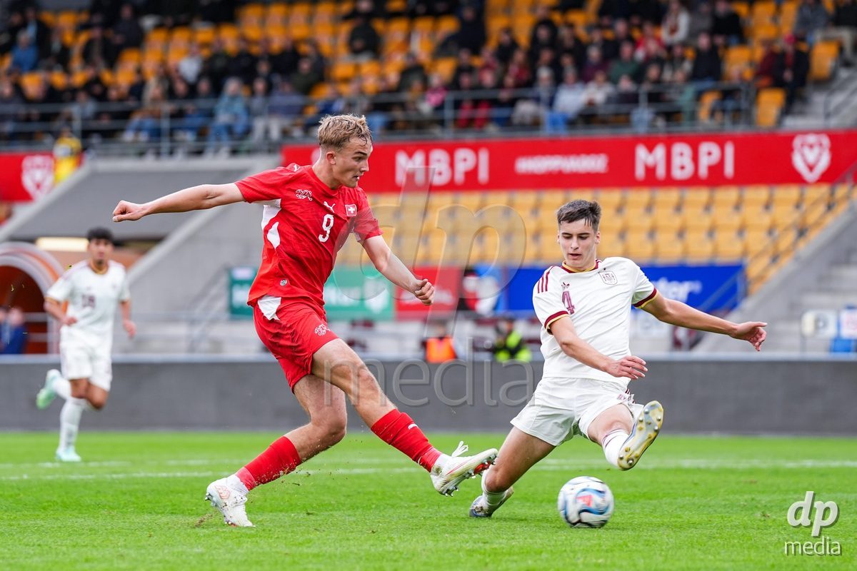 VADUZ, LIECHTENSTEIN - OCTOBER 18: Niko Cavka of Switzerland scores the second team goal during the UEFA European Under-17 Qualifier match between Switzerland and Spain at Rheinpark Stadion on October 18, 2026 in Vaduz, Liechtenstein.
